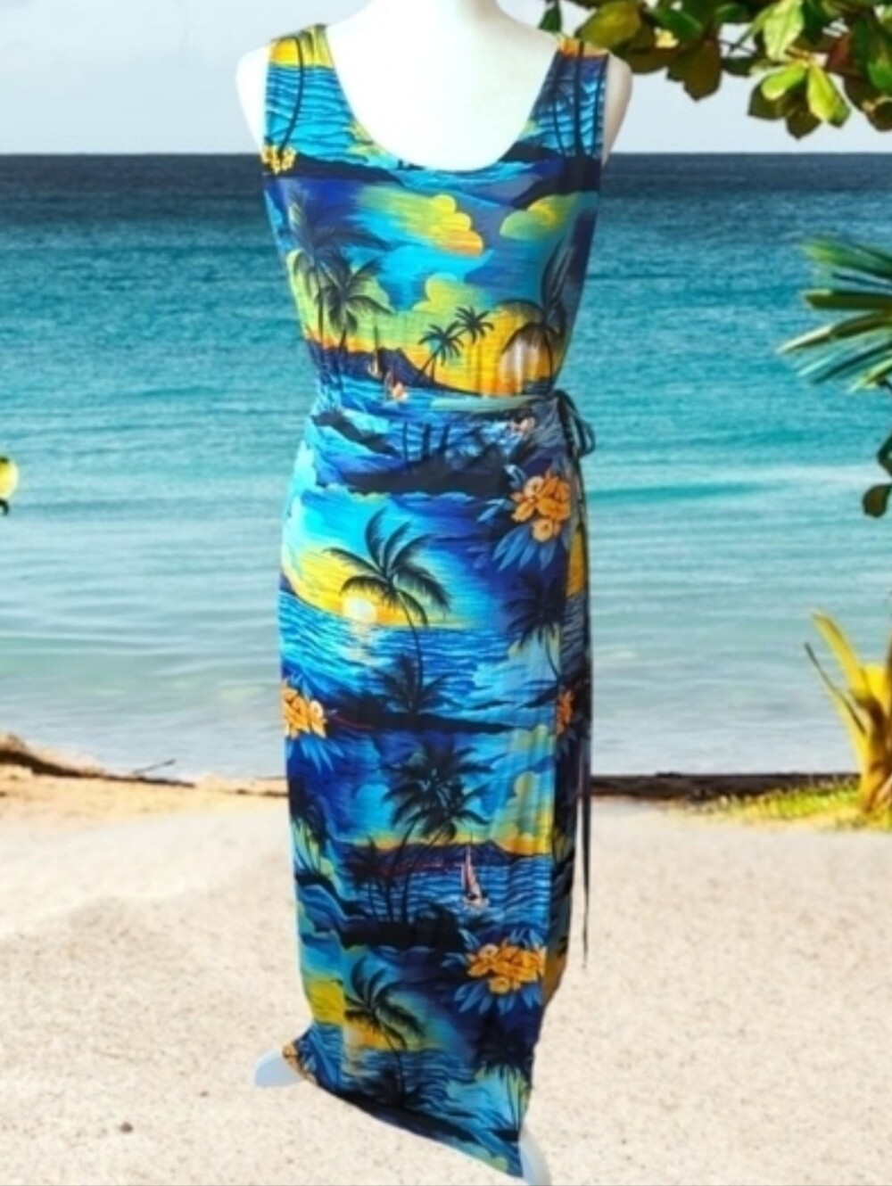 Vtg tropical Colorful palm ocean print sleeveless dress sarong wrap skirt Sz L